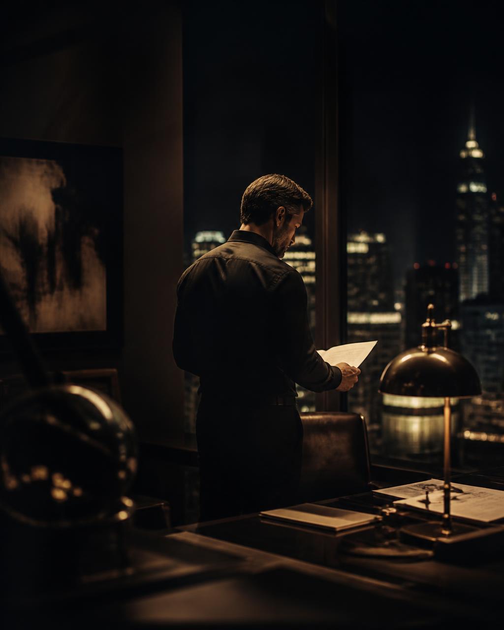 Empresario resolviendo asuntos de su empresa a solas en su oficina de noche